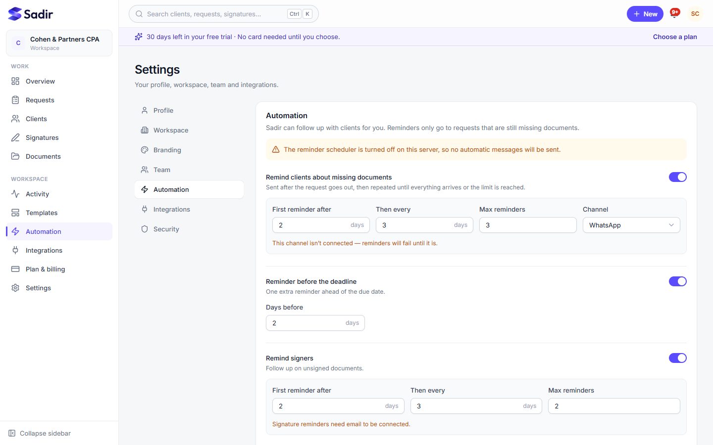 Sadir automation settings with reminder schedules and quiet hours.