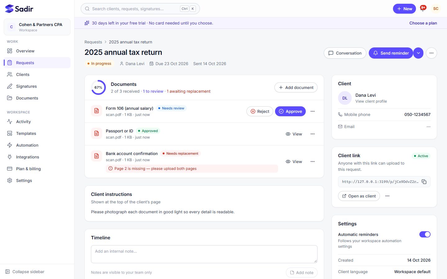 A document request in Sadir with uploaded files, review buttons and an activity timeline.